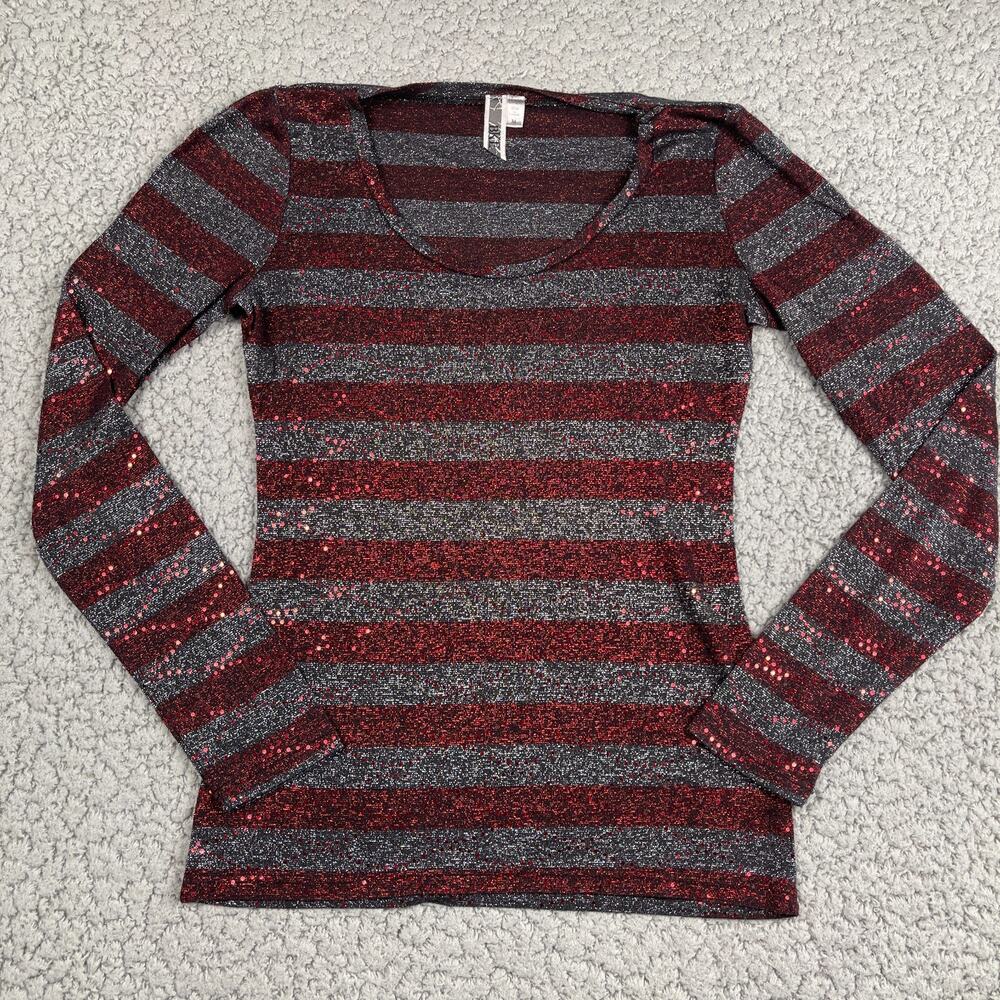 BKE Long Sleeve Maroon & Gray Striped Sparkle Pullover Top Size Med Metallic